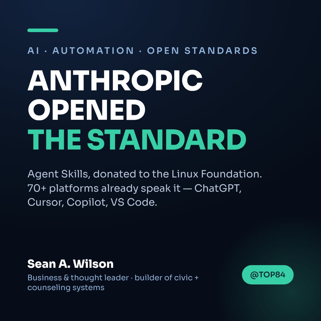 TOP84's tweet photo. Anthropic just gave its "Agent Skills" standard to the Linux Foundation — 70+ platforms speak it (ChatGPT, Cursor, Copilot, VS Code).

→ Open standards are bridges, not moats.

I build legislative + counseling automations for a living. What you're building — bridge or moat? https://t.co/49t87TVp6U