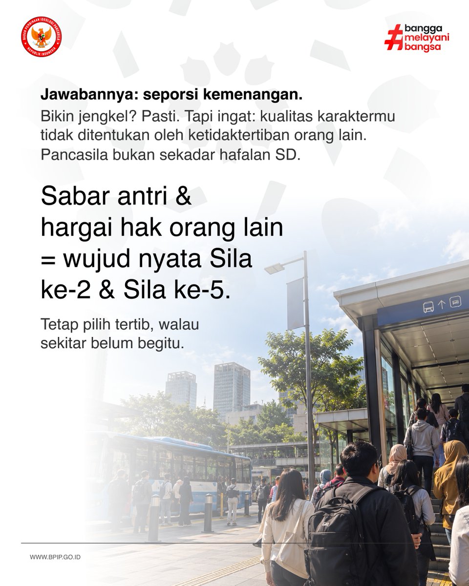 BPIPRI's tweet photo. #SalamPancasila

Ketemu orang yang seenaknya di tempat umum? Tetap tertib dan sabar antre adalah bentuk nyata pengamalan Sila ke-2 dan ke-5 Pancasila. 🇮🇩

#BPIP #Pancasila #Indonesia #HumasBPIP #SobatPancasila https://t.co/AfoCqCpFH7