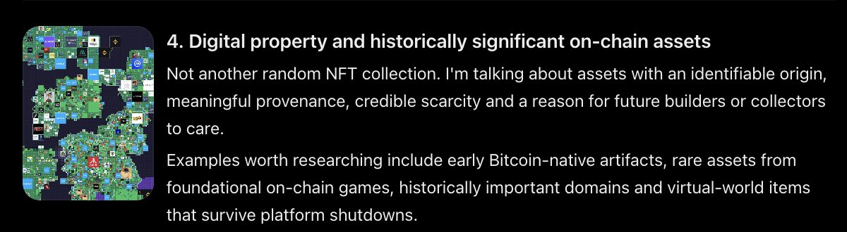 Weirdamoto's tweet photo. asked AI what you can buy cheap today that might be worth a fortune in a few years 👀

its top bets:

• vintage video games • underpriced trading cards • early bitcoin collectibles • digital assets with real scarcity and historical significance • AI infrastructure and robotics

the digital collectibles thesis caught my attention

digital assets that future generations might see as the earliest artifacts of a new era

things with a place in internet history, genuinely scarce supply and communities that keep building long after the hype fades

i’ve always thought buying blocks of bitcoin this early could be like buying bitcoin when it was trading for pennies

the wild part is AI came up with this without even mentioning ordinals, bitmap or crypto 👀

maybe i’m onto something... 🟧🦒

what do you think is the most overlooked asset people will wish they bought in 2030?