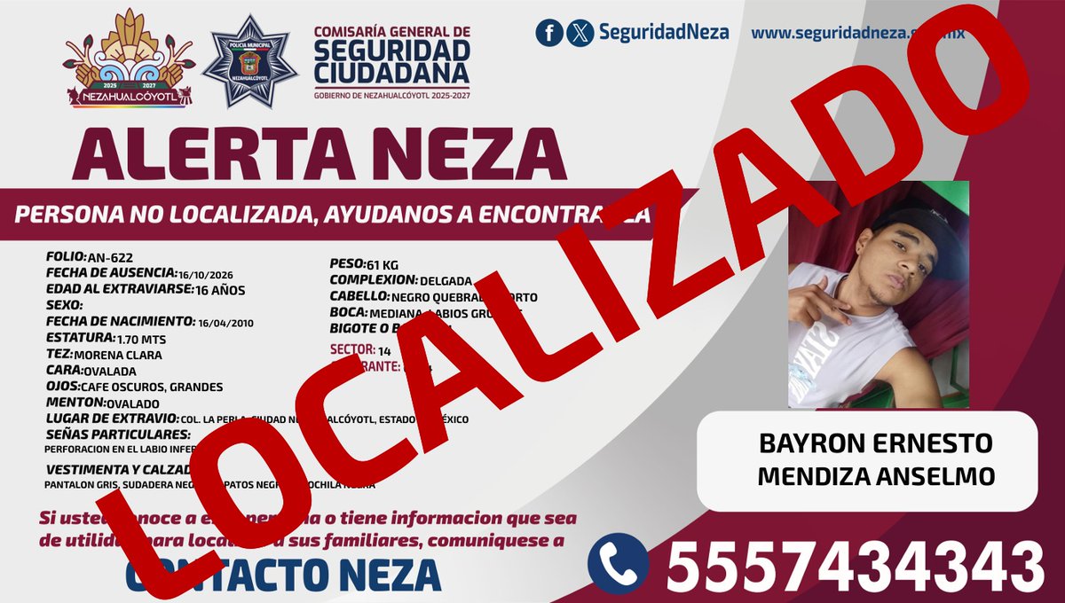 AlertaNeza's tweet photo. ☑️ #AlertaNeza | Agradecemos tu colaboración. #Bayron Ernesto Mendiza Anselmo ya fue localizado. https://t.co/QO21BNeXkM