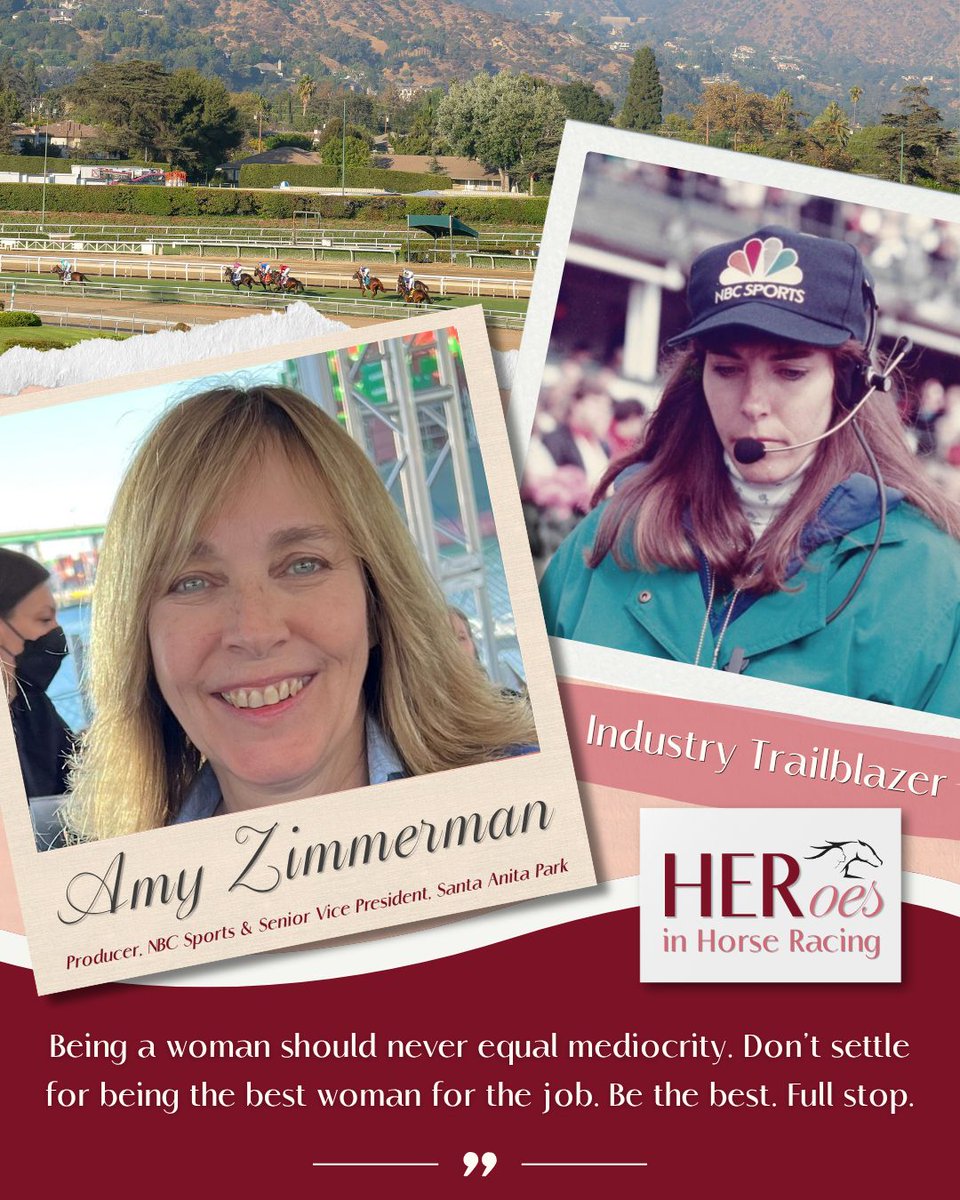 horseracingwmn's tweet photo. Amy Zimmerman is a SUPERHERO to women and men across the globe! ⭐ 

Zimmerman has been a driving force in horse racing and sports broadcasting for decades. Since joining the Santa Anita Park staff in 1986, she has worked her way through various broadcasting and management roles to become Senior Vice President and Executive Producer. Since 1988, she has also worked extensively with NBC Sports on horse racing coverage, including the Breeders’ Cup and Triple Crown races, as well as seven Summer and Winter Olympic Games.

Zimmerman was the founding network executive producer for HRTV, the 24-hour horse racing television network launched in 2002. Throughout her career, she has earned numerous industry honors, including:

- 32 Eclipse Awards as an executive producer, producer, co-producer or associate producer.
- Four Sports Emmy Awards.
- 12 Regional Emmy Awards for producing and writing original productions.
- Four International Simulcast Awards.

Beyond her impressive accomplishments in broadcasting, Zimmerman has built lasting relationships throughout the industry. She credits Jane Goldstein, the namesake of the award she received, as an idol, boss, mentor and treasured friend of more than 40 years.

Amy’s dedication, leadership and influence have helped shape horse racing and sports broadcasting for generations. The Horse Racing Women’s Association was proud to honor her with the Jane Goldstein Exemplary Leadership Award at its fifth annual Conference, Oct. 12–14, in Lexington, Kentucky.

📸 Photo Credits: 
NBC Photo: by @benoitphoto_ and provided by Kathryn Finlay Zimmerman
Santa Anita Photo: @KatieDaisyLA