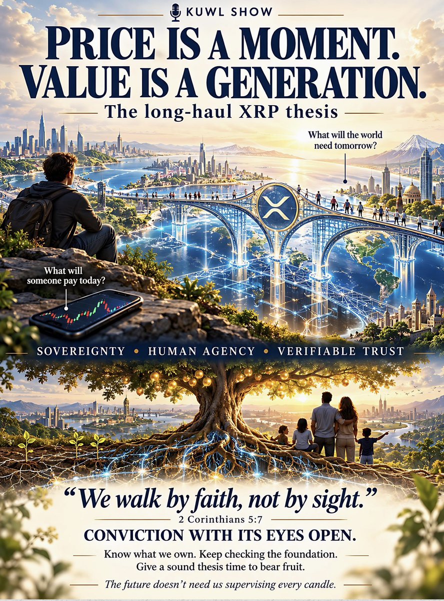 KuwlShow's tweet photo. Price tells us what someone will pay for our XRP this morning. Value asks what someone might need it for over the next twenty years.

Those are very different conversations.

Crypto can put a billion-dollar price tag on a joke before lunch. Building something the world can depend on takes a little longer. Apparently, moving money across borders involves more paperwork than launching a coin named after somebody’s dog.

Now consider a deeper question:

What if the wisest, most brilliant and visionary among us anticipated the need for a new global settlement token - one designed to help restore national sovereignty, respect human agency, and provide transparent records the entire world could inspect and trust?

What would such a system need to accomplish?

• Nations would need to exchange value while retaining authority over their own affairs. 
• People would need meaningful control over their property and choices. 
• Transactions would need records that could be checked. 
• Trust would have to rest on something people could verify.

What would that capability be worth to a world paying dearly for friction, delay, debt, institutional control and opaque accounting?

That is the scale of the question behind the long-haul XRP thesis.

We ask whether XRP can become useful enough that people and institutions acquire it because they need what it does. Its global usefulness must create demand for the token itself. That is where the vision meets the machinery.

Meanwhile, the chart keeps blinking.

And most of us keep checking it - as though refreshing the screen constitutes institutional adoption. I include myself among this distinguished research department.

“We walk by faith, not by sight.” 
2 Corinthians 5:7

A farmer plants before there is a harvest. A builder lays foundations before there is a skyline. Both commit something valuable before the finished result becomes visible.

The farmer still checks the soil. The builder still checks the foundation.

That is conviction with its eyes open.

For us XRP holders, patience has substance when we understand what we own, why it matters, and what evidence shows that its usefulness continues growing.

• A green candle can make you feel brilliant without making you right. 
• A red candle can make you feel foolish without making you wrong.

Time has a way of sorting that out. Usually without consulting our preferred moon schedule.

Faith in God can steady the person holding the investment. Research and discernment keep examining the investment itself.

If our thesis concerns the foundations of global finance, let’s give our attention to those foundations: what is being built, who is using it, what problems it solves, and how XRP participates.

Price is today’s exchange. Value is the usefulness that can endure long after today’s excitement - or disappointment - has passed.

Know what we own. Keep checking the foundation. Give patience to our thesis of this transforming time that will bear amazing generational fruit.

And let’s occasionally put our phones down. 😎

We have quite a profound future based on the 15+ years of brilliance, effort and sacrifices by many pioneering giants on whose shoulders we all stand.

Beyond Grateful 
@JoelKatz @chrislarsensf @bgarlinghouse @MonicaLongSF @s_alderoty @XRP @XRPLF @Ripple