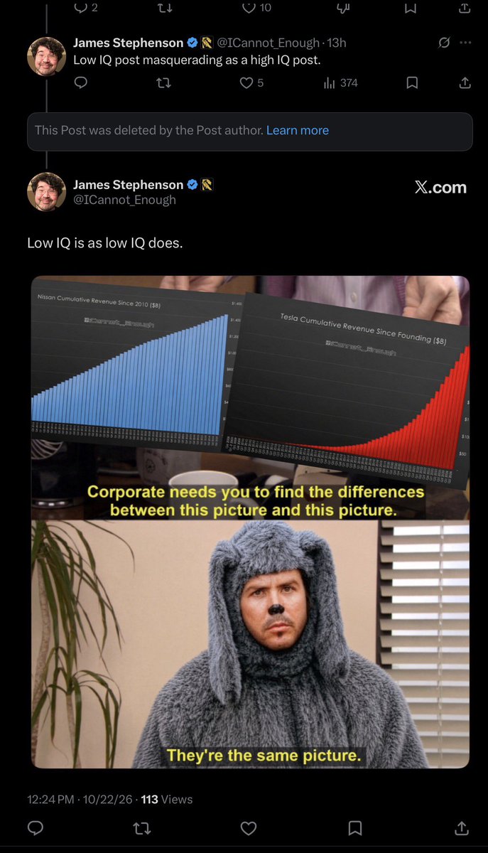 ICannot_Enough's tweet photo. Also some guy (see screenshots) deleted a mean comment he made about me being a moron yesterday, but only after I personalized this meme that must have illuminated his own misunderstanding of how to read the curve of a cumulative revenue chart:

Or was there some other reason to delete, @WILFRED6784951 ?