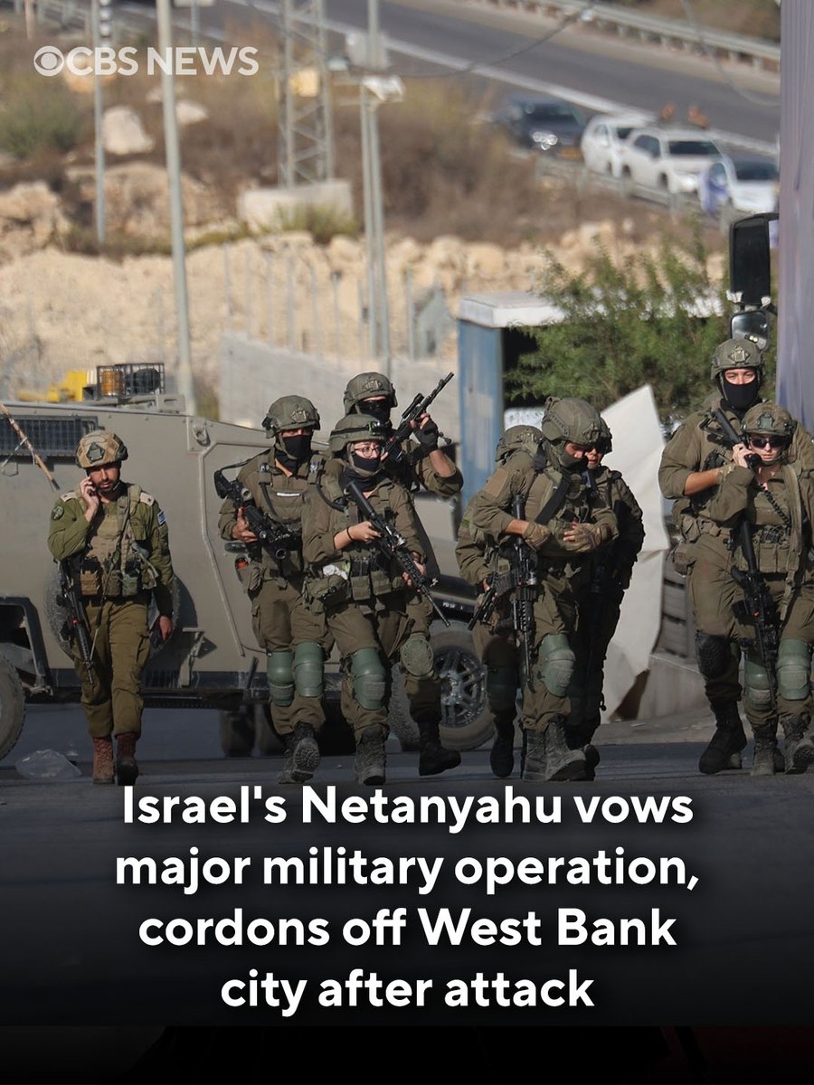 CBSNews's tweet photo. Israeli Prime Minister Benjamin Netanyahu said Friday that he had ordered a major military operation in the occupied West Bank, telling troops to cordon off a large city in the territory and prepare to close off the entirety of the West Bank after a shooting attack by two Palestinian men that left two soldiers dead.

The Israeli military said its forces killed both gunmen following the shooting near a junction outside Hebron. Netanyahu's orders could also force Palestinian residents from their homes in the attackers' neighborhood as Israeli troops prepare to conduct house-to-house searches and demolish buildings in the area.

Read more: https://t.co/r6eEnqbEoz