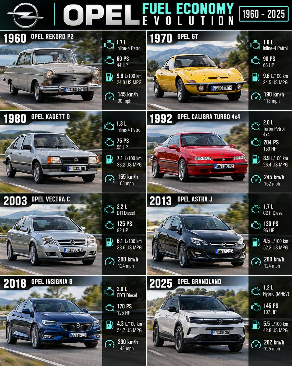 TestDriveFreak's tweet photo. Opel Fuel Economy Evolution: From 1960 to 2025!

From the classic Opel Rekord P2 and legendary Opel GT to the practical Kadett D, iconic Calibra Turbo 4x4, Vectra, Astra, Insignia and modern Grandland Hybrid.

Over 65 years of German automotive engineering, Opel has evolved from simple naturally aspirated petrol engines to powerful turbocharged performance cars, efficient diesel engines and modern hybrid technology.

From just 60 PS in the classic Rekord to 204 PS in the legendary Calibra Turbo 4x4, Opel has delivered some truly memorable cars.

But which era of Opel was the best?

Would you choose the classic Opel GT, the legendary Calibra Turbo, the reliable Astra Diesel or the modern Grandland Hybrid?

And should Opel bring back the iconic Calibra?

#Opel #OpelCalibra #FuelEconomy #CarEvolution #AutomotiveHistory