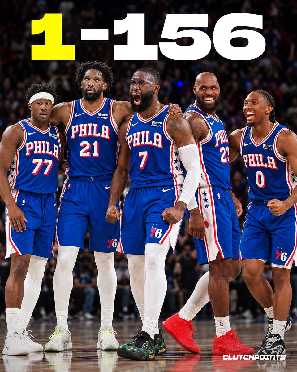 ClutchPoints's tweet photo. The Sixers were 0-156 in games they trailed by 29 or more.

Then, they happened.

LeBron James. Tyrese Maxey. Joel Embiid. Jaylen Brown. VJ Edgecombe.

Remember this squad, Philly fans. This season may be cooking something special 👏 https://t.co/fx0Bo0iDxq