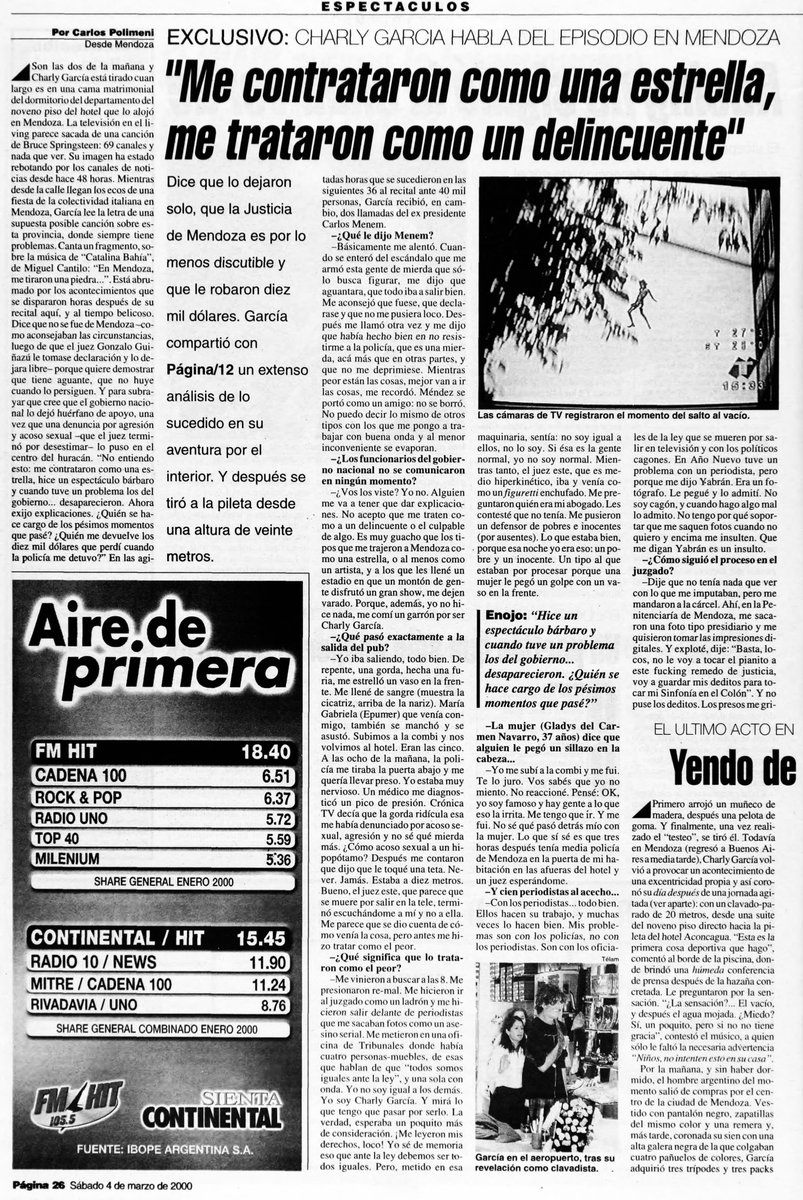 hernanpanessi's tweet photo. Hoy por el cumpleaños 75 de Charly García, les comparto un momento mítico en su vida: el salto a la pileta en Mendoza. "Mis problemas son con los policías y con los políticos cagones" le decía García a Carlos Polimeni. Salió el 4 de marzo del 2000. Quiénes recuerdan este momento? https://t.co/a7cFDnnWPu