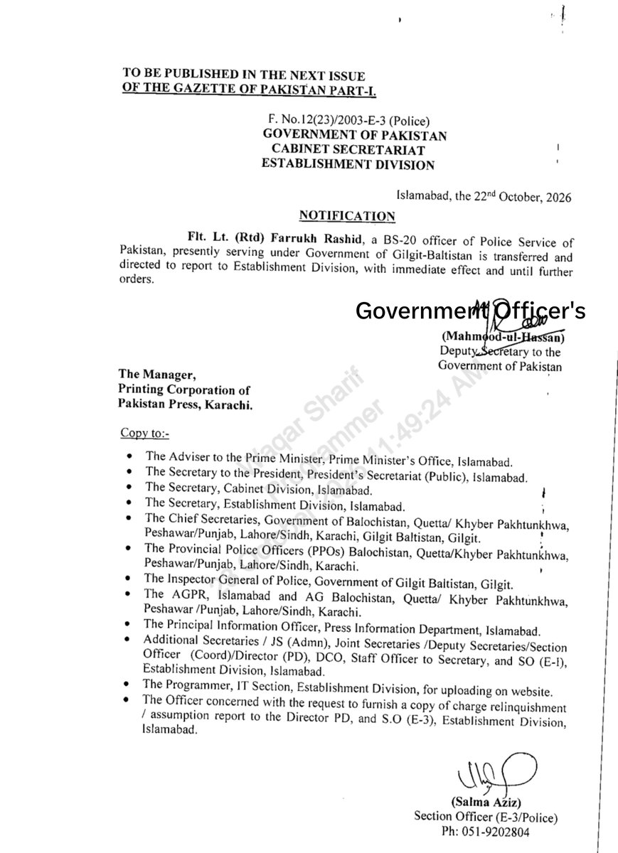 TheGovtOff's tweet photo. Transfer Posting Notification 
Flt. Lt. (Rtd) Farrukh Rashid, a BS-20 officer of Police Service of Pakistan. https://t.co/Ew55EbqKlg