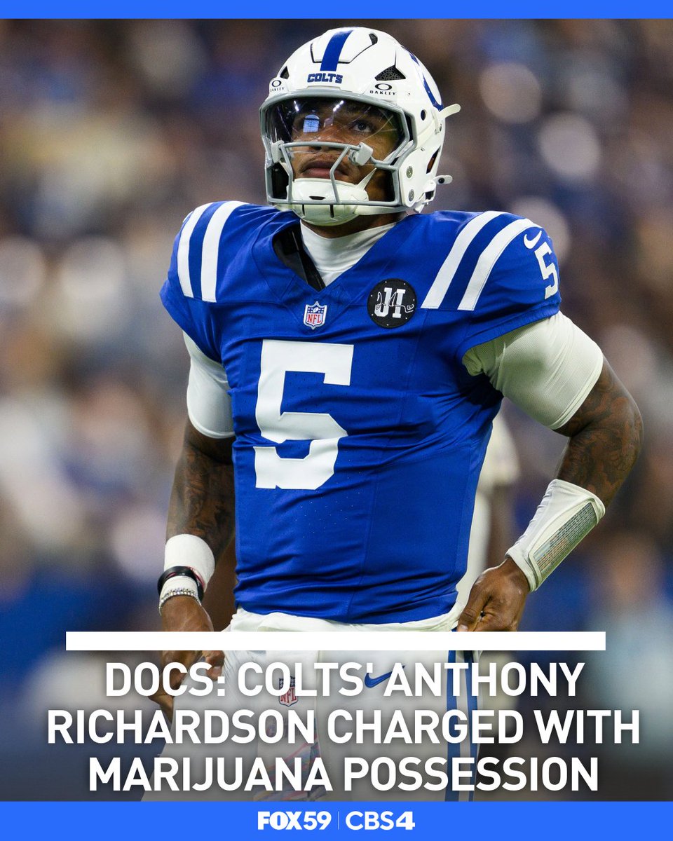 FOX59's tweet photo. NEW: Indianapolis Colts quarterback Anthony Richardson Sr. has been charged in Carmel for allegedly having marijuana in his possession. https://t.co/3p6ETPDS6s https://t.co/3qE7jPyYzN