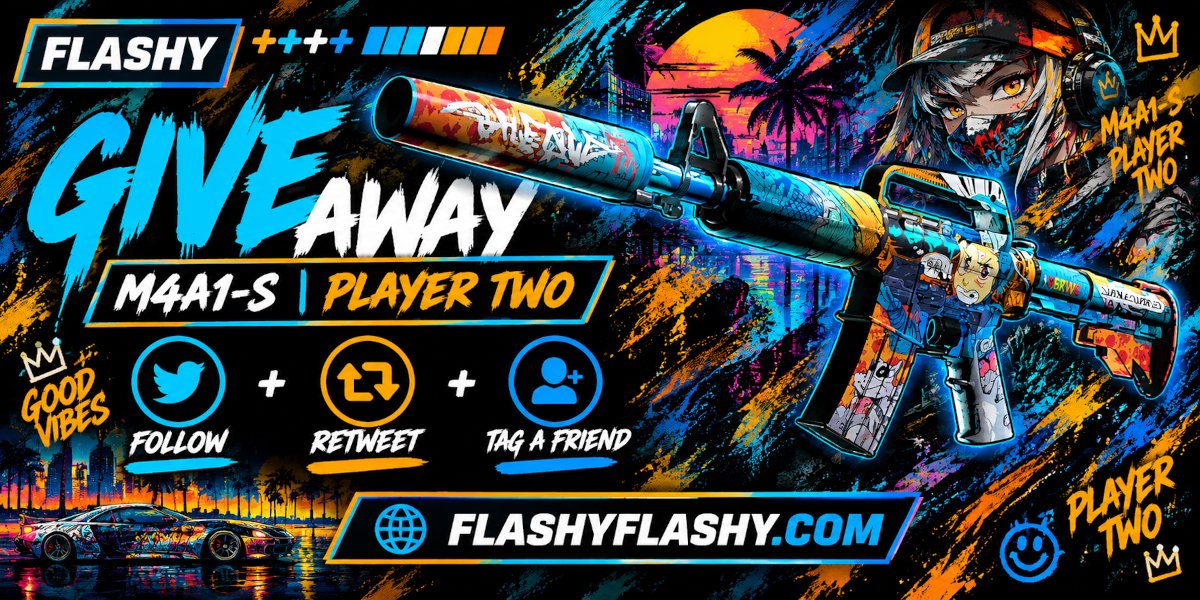 flashyflashycom's tweet photo. WKND GIVEAWAY !!! M4A1-S Player Two !

To win:
✅ Visit &amp; log in: https://t.co/rftBSepexB
✅ Visit for free codes: https://t.co/EmdZFb87B5
✅ Retweet
✅ Tag a friend 
✅ Follow us https://t.co/Yvb078cRsc