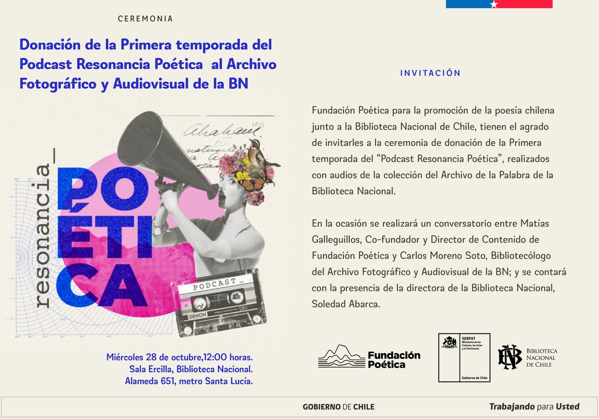 BNChile's tweet photo. Fundación Poética, organización sin fines de lucro, encargada de preservar y dar a conocer la poesía chilena, donará a la BN la Primera temporada del Podcast Resonancia Poética, realizado con audios de la colección del Archivo de la Palabra de la BN. Entrada liberada. https://t.co/MYBhutNWqv