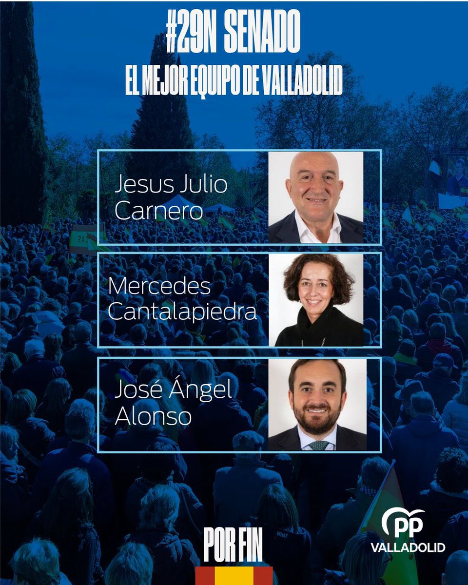 PPValladolid's tweet photo. Presentamos nuestra candidatura para el #29N.

🔵@MariaPardo2706, @educarazo e @Irene_MV_ al frente del Congreso y @JesusJCarnero, Mercedes Cantalapiedra y @JAngelVillalon al Senado.

💪🏼Un equipo para defender Valladolid y construir el futuro de España🇪🇸

https://t.co/qLu5DRgnfz https://t.co/TlGIIsQIXf