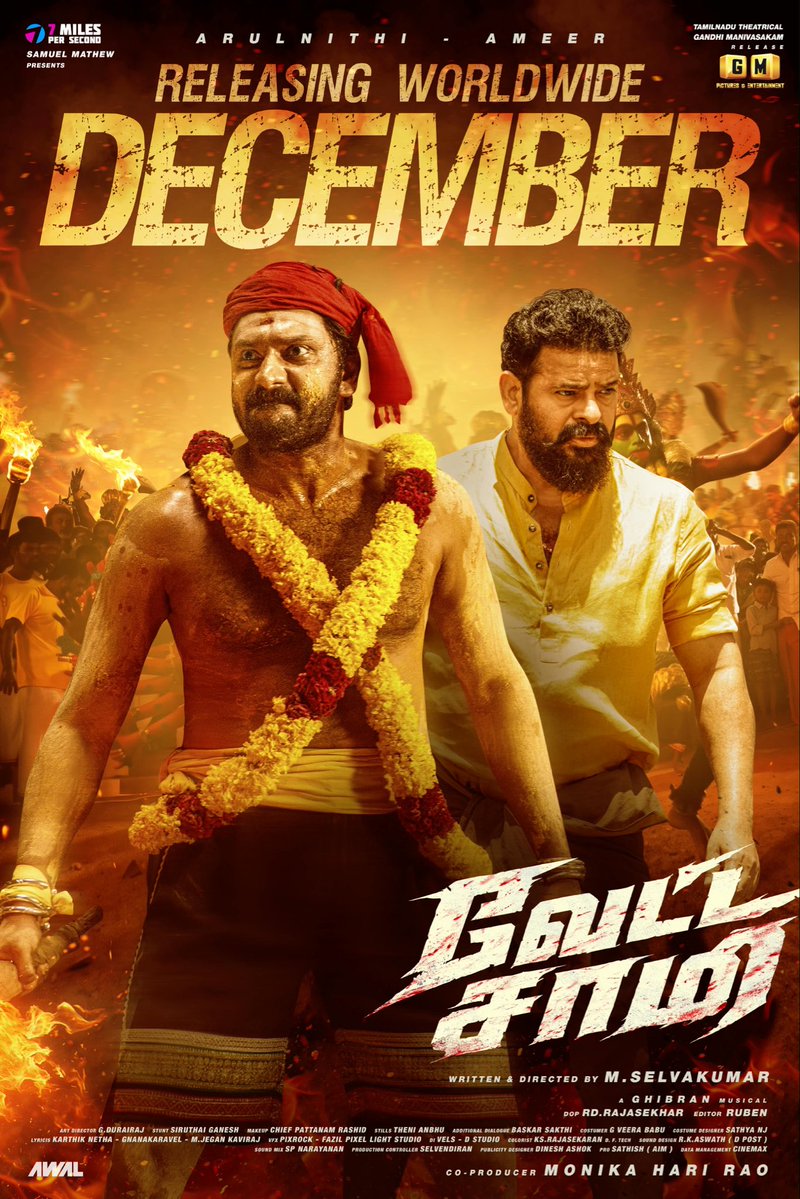 teamaimpr's tweet photo. #VettaSaami is all set to arrive in theatres this December! 💥 

“Escape the law. Face the god.” 🔥

#VettaSaamifromDecember

@arulnithitamil #Ameer @7mpsProductions @directormskumar
@AntonyLRuben #GMPicturesEntertainment @GhibranVaibodha @RDRajasekar @dineshashok_13 @Jegan_kaviraj #MadhaviVillisai @SamuelM64562032 @teamaimpr