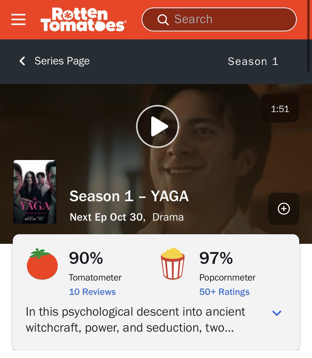 FilmUpdates's tweet photo. ‘YAGA’ debuts at 90% on Rotten Tomatoes.

Starring Hudson Williams, Carrie-Anne Mos, Clark Backo, and Noah Reid. https://t.co/8YdlYEvmtD