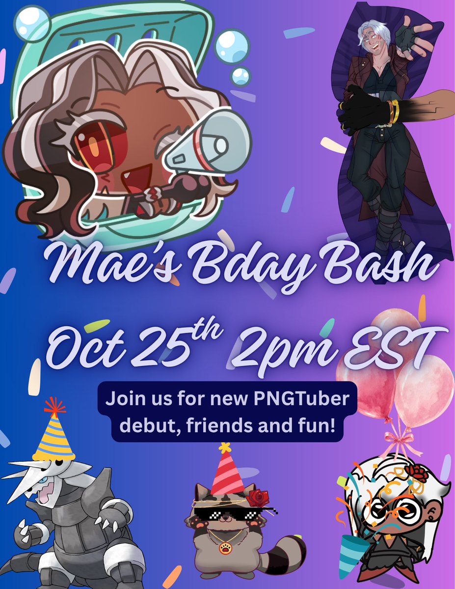 _maemori's tweet photo. 💋birthday bash announcement💋

This Sunday Oct 25th starting at 2pm EST we have our annual Maeday bash! ✨✨

Come one come all for games, friends, fun times, crash outs and the debut of our new PNGtuber courtesy of my lovely model parent @FiendishForm ✨

See you there! https://t.co/BNtAqAKKJy