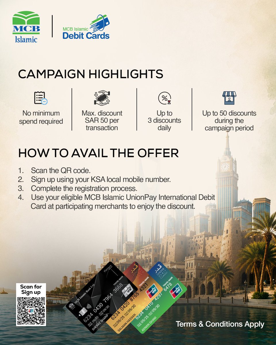 MCBIslamicBank's tweet photo. Your Saudi adventure just got more rewarding!
From shopping to dining and exploring, enjoy an instant 10% discount (up to SAR 50) with your MCB Islamic UnionPay International Debit Card at online and offline merchants across KSA.
#MCBIslamicBank #UnionPay #ExploreKSA https://t.co/VmFfG523ld