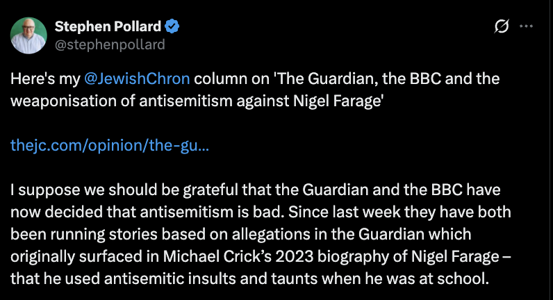 owenjonesjourno's tweet photo. You can't make this shit up

Pollard abuses me over a systemically flawed review into antisemitism in schools

Here's how he responded to over 30 former school contemporaries accusing Nigel Farage of antisemitism

That included mimicking gas chambers and saying Hitler was right https://t.co/CoDUANelNv