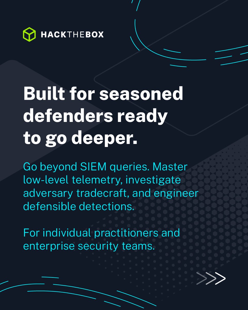 hackthebox_eu's tweet photo. There is no spoon. 🕶️
You thought the matrix ended at CDSA. We just added a whole new level above it.

🫆 HTB CDEP opens our first-ever Principal tier, built for defenders ready to move beyond basic SIEM logs and master low-level telemetry.

Ready to break through? Use code PLAT25OFF26 to claim 25% off Platinum Annual through Nov 12th, giving you path access and your exam voucher included.

🔗 Explore the CDEP path on HTB Academy and HTB Enterprise >>> https://t.co/9kg23UOFuU

#HackTheBox #HTB #CDEP #DetectionEngineering #CyberSecurity #BlueTeam #ThreatDetection