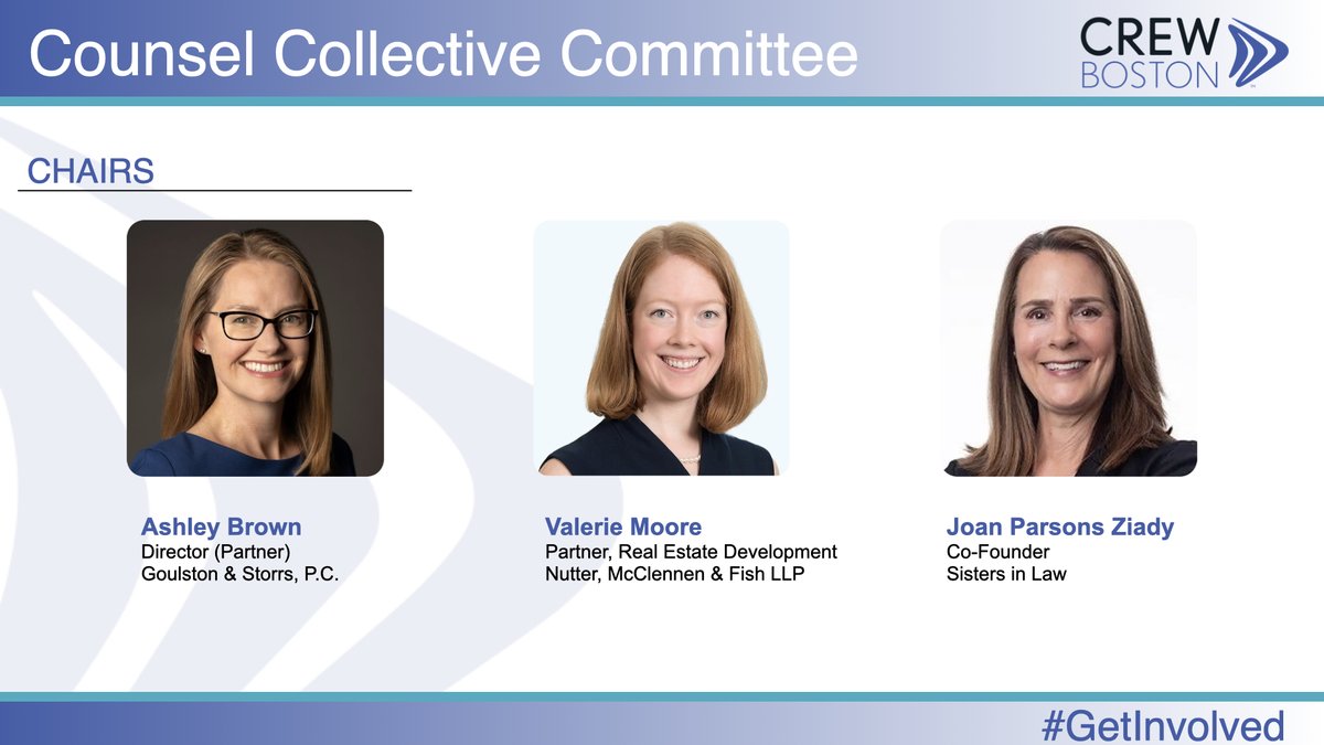 CREWBoston's tweet photo. Kicking off our #FindYourCREWFriday series is our Counsel Collective Committee. This committee brings together attorneys practicing in all areas of #CRE to build community, share experiences, and promote professional growth. https://t.co/jwGYemK7xA #GetInvolved #WomenWhoLead https://t.co/pjWn8ZHFb6