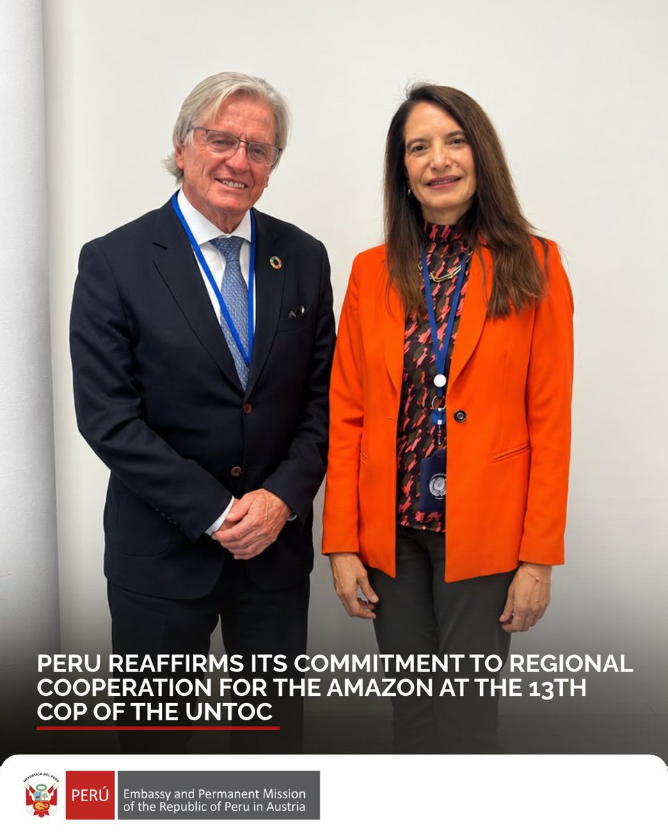 PeruinAustria's tweet photo. #PeruInUnitedNationsVienna | On the sidelines of the 13th COP of the #UNTOC, Ambassador Maria Eugenia Echeverría met with the Secretary-General of the Amazon Cooperation Treaty Organisation (ACTO), Martín von Hildebrand. https://t.co/u95oDdlQLD