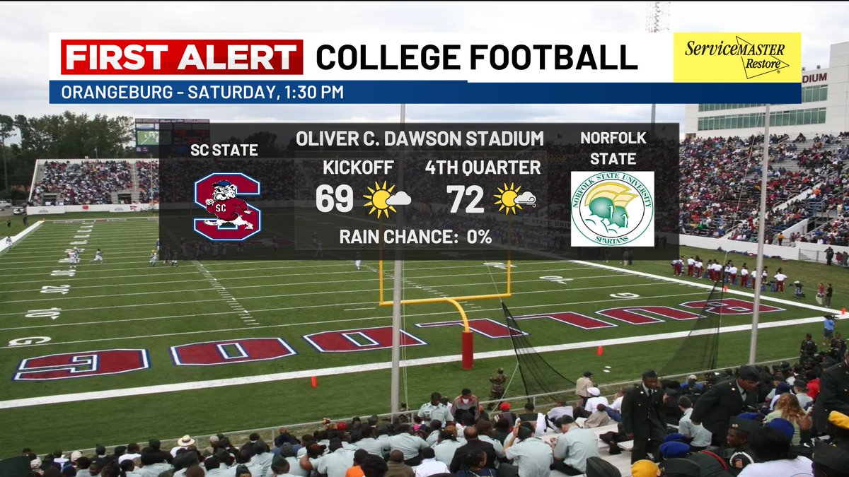 MinorWX's tweet photo. HOMECOMING WEEKEND: @SCState1896’s Homecoming week continues on Saturday as @SCState_FB plays host to @NorfolkStateFB!

Daytime temperatures will be comparable to what we have seen all week (upper 60s/lower 70s).

The only difference will be a gustier wind.

@Live5News #SCWX #CFB https://t.co/78ZB5uLY3Q