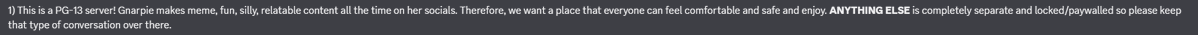 wow_there_it_is's tweet photo. @PlushyTrash94 @10millionmeows @Gnarpies well, it was probably there b/c every day in general someone was like "what do you mean no nsfw??? isn't this a patreon discord?" or something. but I see a mod rephrased the rule anyway, it says this: https://t.co/tNXptCQDJg