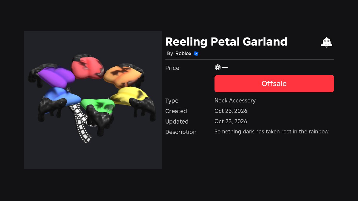 MrNotifier's tweet photo. ✨ New Item - Reeling Petal Garland

🆔 71388357758162
💵 Price: Offsale
https://t.co/s4e5yTU4WE https://t.co/SCClqjAEq6