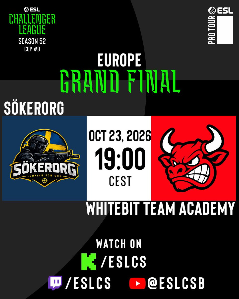ESLCS's tweet photo. The #ESLChallengerLeague Season 52 Europe Cup #9 Grand Final is set 💪

Sökerorg are going head-to-head with WhiteBIT Team Academy for an invite to the Regional Final!

Don't miss any of the action by joining @lucyluce_ &amp; @BDogCS live in 30 minutes on Kick, Twitch, or YouTube 📺 https://t.co/4rPcu5WBjK