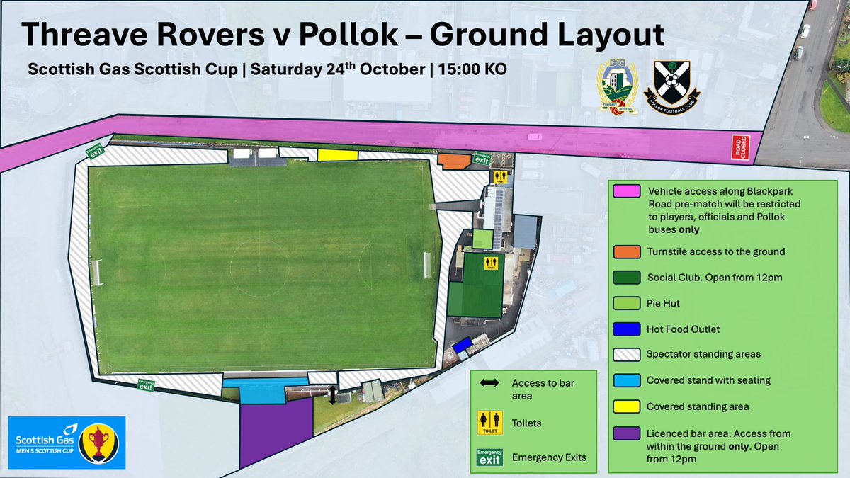 ThreaveRoversFC's tweet photo. ⚫⚪ | 𝐌𝐀𝐓𝐂𝐇 𝐀𝐍𝐃 𝐆𝐑𝐎𝐔𝐍𝐃 𝐈𝐍𝐅𝐎 | ℹ️
Please refer to the annotated map showing the layout at Meadow Park for tomorrow’s match and some important information below! 

@pollokfc | @ScottishCup https://t.co/rynFGTr2GF