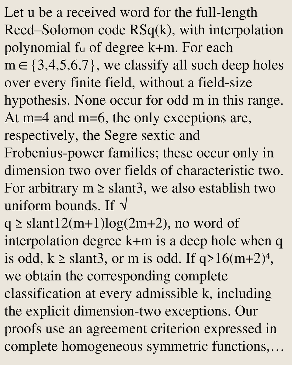 Encoding's tweet photo. Deep holes of full-length Reed–Solomon codes: uniform bounds and exact classifications

Xiang Fan
https://t.co/xY7WL4CnDf [𝚌𝚜.𝙸𝚃 𝚖𝚊𝚝𝚑.𝙲𝙾 𝚖𝚊𝚝𝚑.𝙽𝚃] https://t.co/eBwVeMunCR