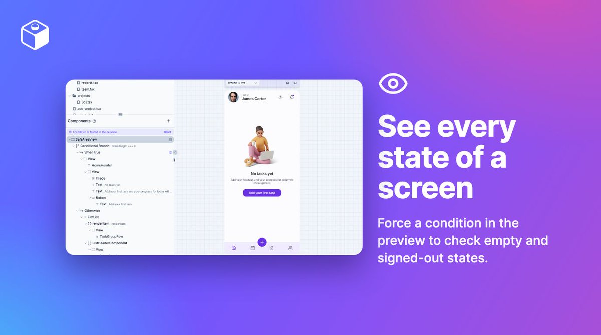 draftbit's tweet photo. 3/ Preview every state. Force either side of a condition from the Component Tree to check empty lists, signed-out views and errors. Preview only, never your code.

Which state do you forget to check most? https://t.co/yoeW5G9nwB