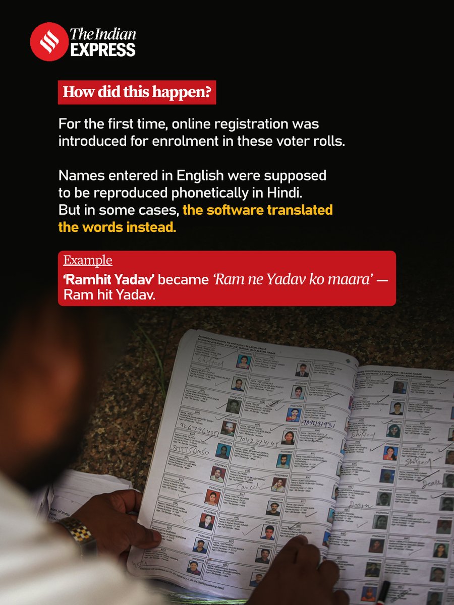 IndianExpress's tweet photo. A translation error and lapses in verification left 158 entries with bizarre names in electoral rolls; CEO’s office seeks explanation from officials.

🔗https://t.co/tm1W06I7IT https://t.co/hRmav4jdSE