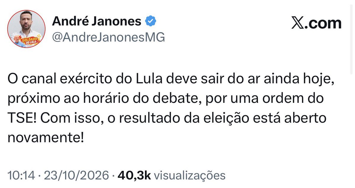 Paulocarvalho80's tweet photo. 🚨 URGENTE! VÃO TIRAR O EXÉRCITO DO LULA DO AR NO DIA DO DEBATE?

Nunes Marques deu 24 horas para a Meta apresentar um relatório sobre o canal. O Exército do Lula já reúne mais de 8,8 MILHÕES de pessoas!

Por que justamente o canal do Lula? E os canais da direita?

NUNES MARQUES, VAI MELAR A ELEIÇÃO?

Querem calar milhões de brasileiros às vésperas da votação?

⚠️ COMPARTILHE! A DEMOCRACIA NÃO PODE SER SILENCIADA!