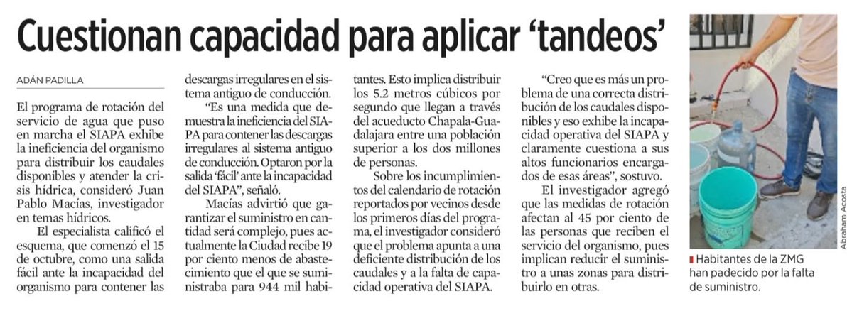 JPMS79's tweet photo. Cuestiono la incapacidad para aplicar los tandeos de manera eficiente.
El uso del Acuaférico podría ayudar a hacer más eficiente los tandeos, además de aplicar los tandeos de manera escalonada, por ejemplo, si a una zona le toca suspensión en dos días a la semana, que esos dos días sean continuos y no intercalados, así se permite la mejor recuperación de los niveles en tanques y llenado de tuberías, mitigando un poco el golpe de ariete.