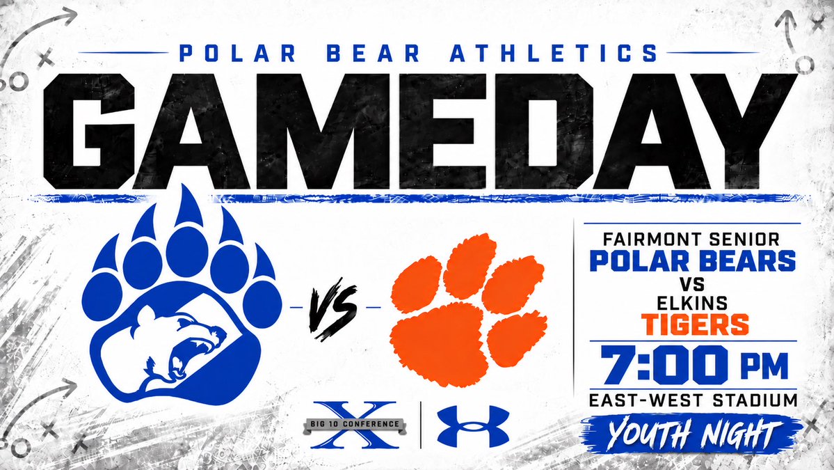FSHS_PolarBears's tweet photo. 🏈 YOUTH NIGHT | GAME DAY

Your Fairmont Senior Polar Bears host the Elkins Tigers TONIGHT!

📅 OCTOBER 23 | 7:00 PM
🏟️ EAST-WEST STADIUM

🌤️ 54° at kickoff, dropping into the 40s.

📺 Watch LIVE on Hudl TV. Streaming link on Facebook.

#PolarBearAthletics | #YesBears https://t.co/qMvDalM3ol