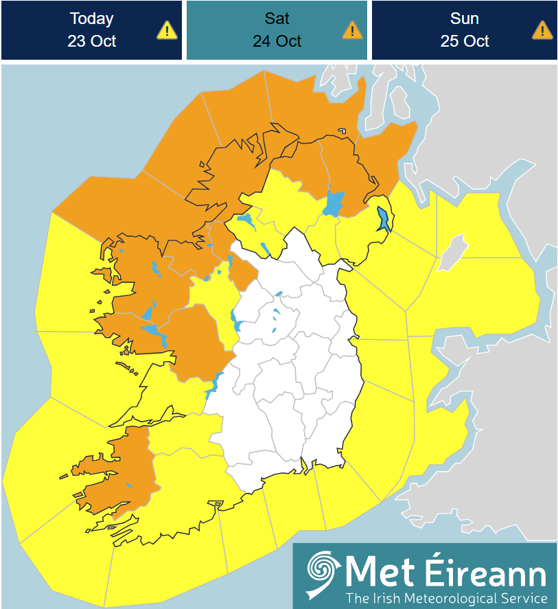 MetEireann's tweet photo. ⚠️Weather warnings issued for Sat Oct 24th into Sun 25th⚠️

A combination of wind &amp; rain warnings will come into effect for S, W &amp; NW counties from the early hours of tomorrow (Saturday) morning, due to conditions associated with #StormBoelo 

More here👇
https://t.co/daaKPKzpEv https://t.co/uadRZSNWsK