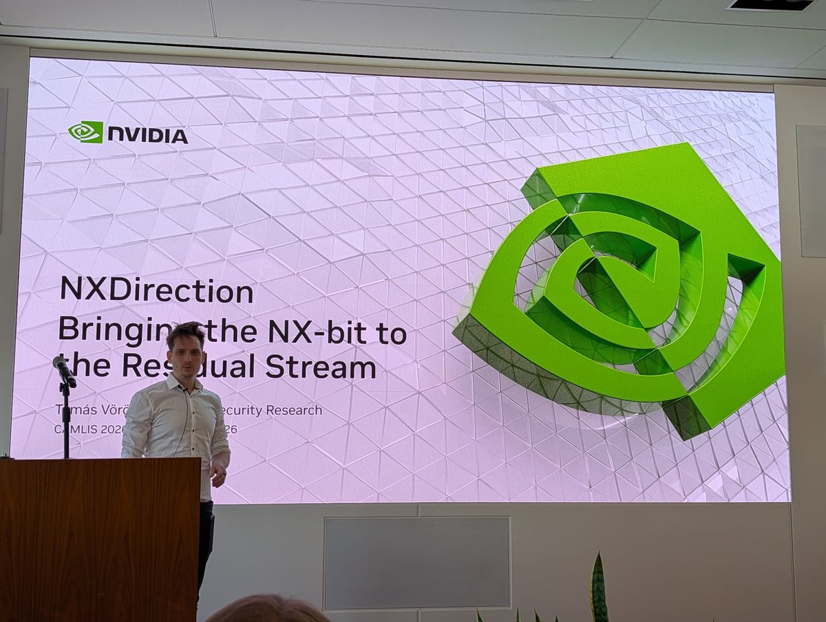 CamlisOrg's tweet photo. Our first talk of Guardrails and Defense starts now, with Tamas Voros presenting "NXDirection: Bringing the NX-bit to the Residual Stream", using mechanistic interpretability to prevent indirect prompt injection. https://t.co/ucZDafCuIB