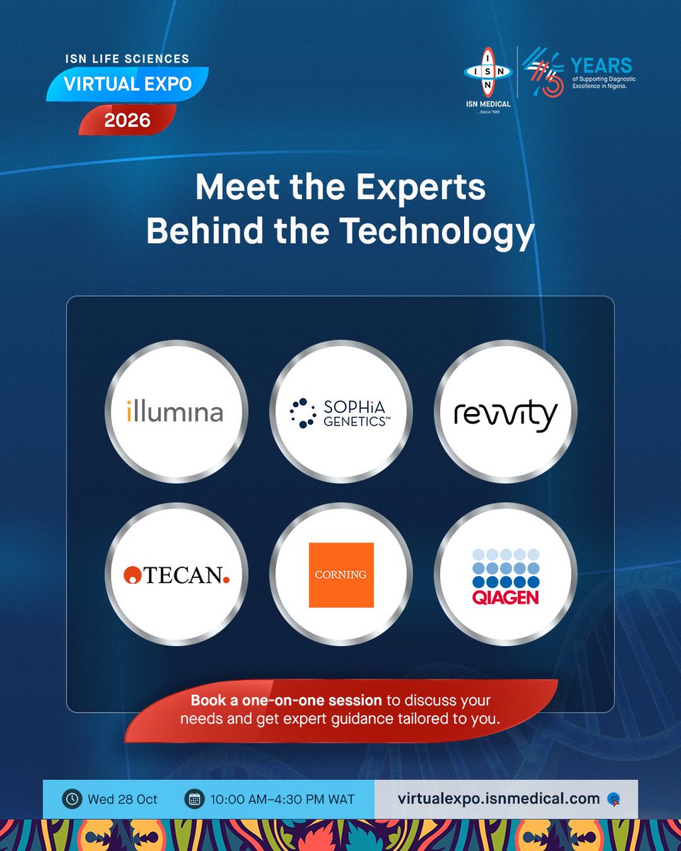 ISN_Medical's tweet photo. 6 global brands. 1 virtual hall. Live chat and 1-to-1 meetings.

illuminainc, Sophia Genetics, revvity, Tecan, Corning, QIAGEN.

🗓️ 28 October 
⏱️ 10:00 AM-4:30 PM WAT 

Register: https://t.co/0aZstCm5vr

#LifeScienceExpo #GenomicsAfrica #PrecisionMedicine https://t.co/fA8wF71NQt