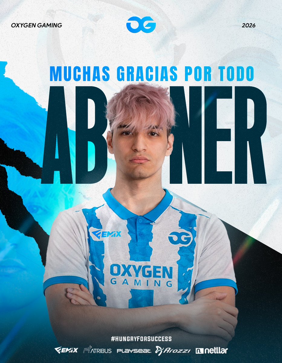 GamingOxygen's tweet photo. Hoy tenemos que despedirnos de Abner para lo que resta de competición en el CT.

Agradecerle todo este tiempo que ha estado con nosotros, ya sabes que esta es tu casa, te vamos a echar menos 💙

#HungryForSuccess https://t.co/4UWfeFbeHS