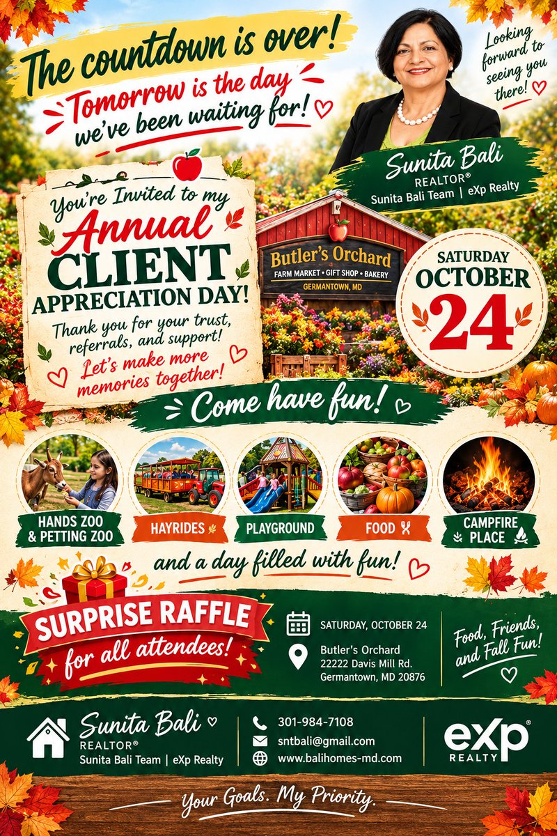 balihomes's tweet photo. 🍂❤️ TOMORROW! Client Appreciation Day! 🎉
Join Sunita Bali Team at Butler’s Orchard! 🍎
🐐 Petting zoo
🚜 Hayrides
🔥 Campfire
🎁 Raffle!
📅 Oct. 24
📍 Germantown, MD
Thank you for your trust! 💚
#SunitaBali #FallFun #ButlersOrchard https://t.co/53vyauRWHK