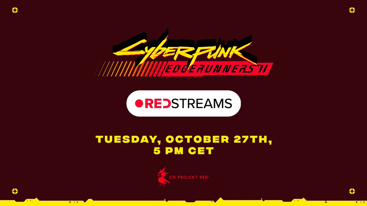 edgerunners's tweet photo. Finished watching Cyberpunk: Edgerunners 2? Good. We need to talk.

Join us for a special Edgerunners edition of REDstreams as we look back at Cyberpunk: Edgerunners 2 with @sztybor_writes and @elderlarp.

📅 Tuesday, October 27th, 5 PM CET

We will be live on Twitch, YouTube and Steam!
https://t.co/ro9mT6KiKi 
https://t.co/ICeEJzfD7H

See you in chat, chooms 🤘