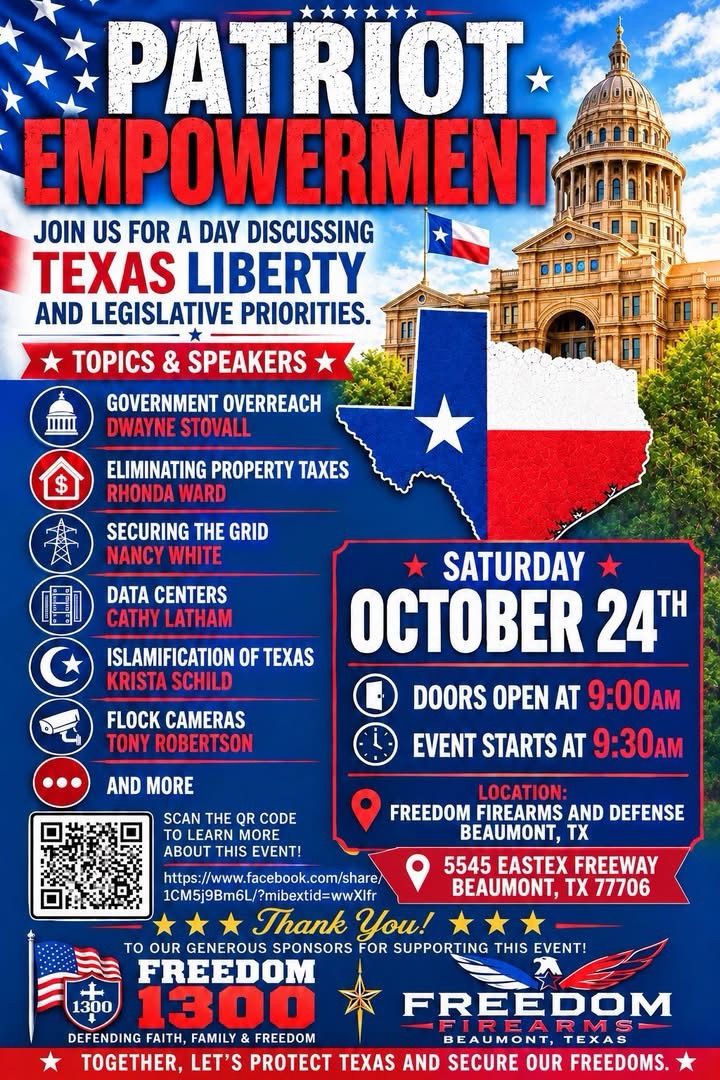 TexasGOP's tweet photo. Join RPT Political Director Rhonda Ward in Beaumont tomorrow as she speaks on eliminating property taxes at Patriot Empowerment!

📍 Freedom Firearms and Defense, 5545 Eastex Freeway
🗓 October 24 | Doors open at 9 AM, program begins at 9:30 A https://t.co/miKoKVFRYT