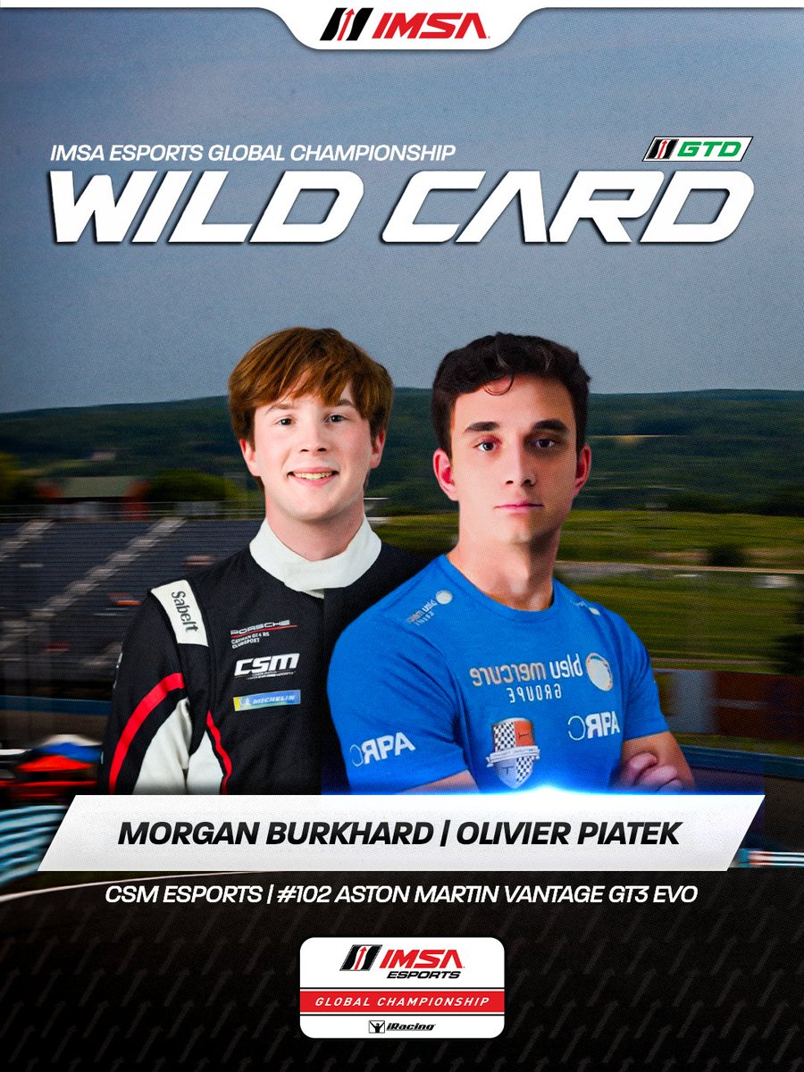 IMSA's tweet photo. Welcome Morgan Burkhard and Olivier Piatek of CSM ESports as a Wild Card Entry for Round 3 of the 2026 IMSA Esports Global Championship!

The next round of the 2026 IMSA Esports Global Championship takes place this Sunday, October 25th at virtual Watkins Glen International!

Watch live flag-to-flag coverage at 2 PM ET on the IMSA YouTube Channel.

@vcoesports | @iRacing