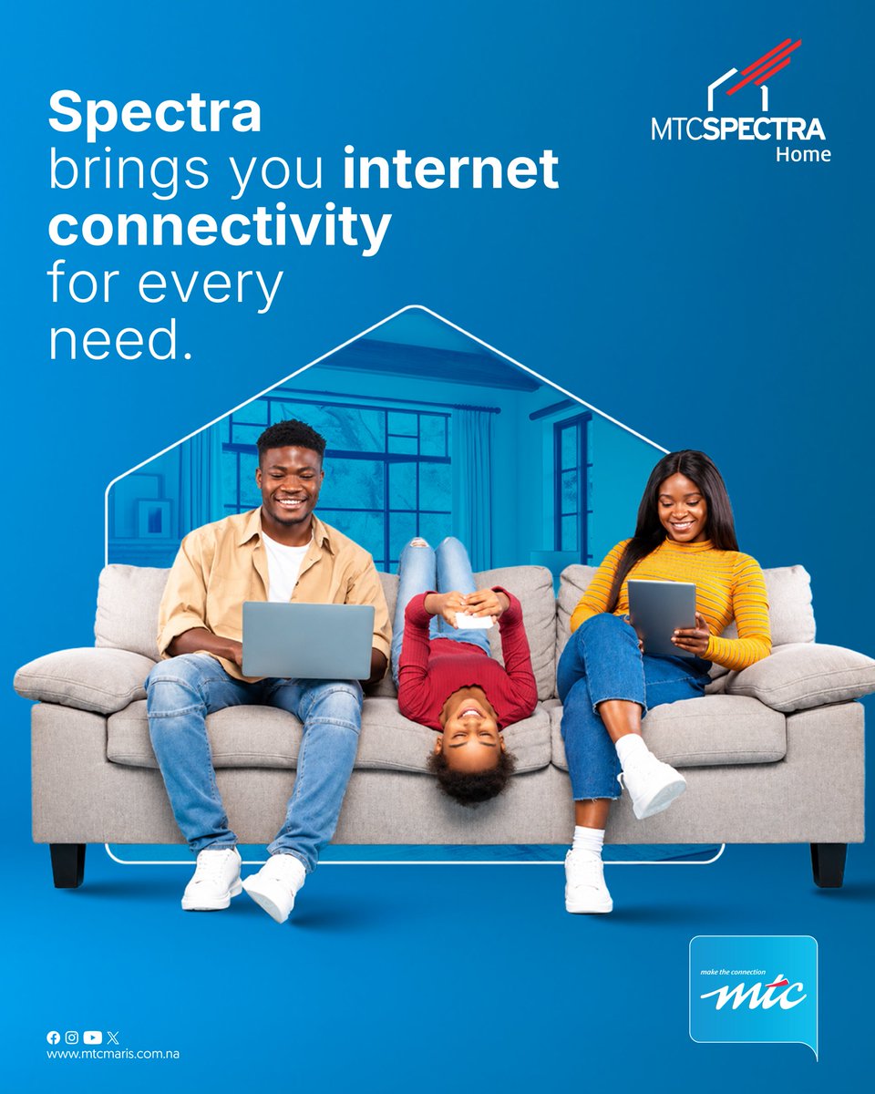 MTCNamibia's tweet photo. Every home connects differently; Spectra Home has something good for yours! Sign up today 4 home internet packages starting from just N$424.15 per month, with FREE standard installation. Find the right
package for your household &amp; make the smart move today https://t.co/IakQu5FwX3 https://t.co/4edshKONIV