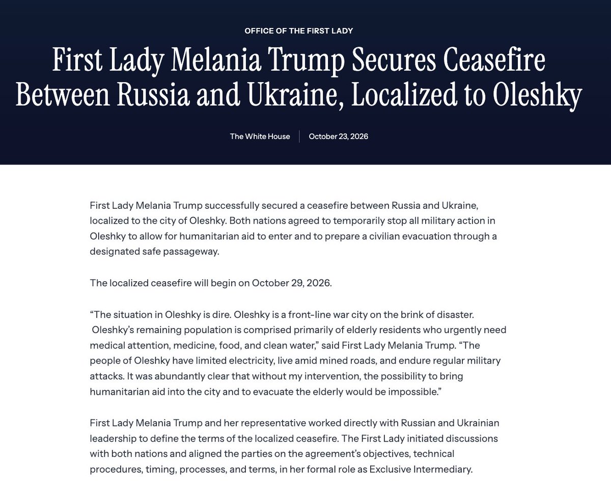 visegrad24's tweet photo. BREAKING:

The White House has announced temporary and localized ceasefire between Ukraine and Russia in Oleshky.

The office of U.S. First Lady Melania Trump announced that, through her mediation, Russia and Ukraine have agreed on a temporary ceasefire starting October 29th to allow humanitarian aid deliveries and civilian evacuations through safe corridors.

Oleshky sits on the left bank of the Dnipro river in the Russian-occupied part of the Kherson region and has been cut off from the outside world. Starvation has been reported from the town.

20 000 people lived in Oleshky when Russia launched its full-scale invasion on Ukraine in 2022.

15 000 still lived there on June 6th 2023 when the Russian Army blew up the Kakhovka Dam, causing catastrophic flooding downstream.

More than 200 people in Oleshky drowned in the masses of water and thousands more fled the town.

Today, between 1700 and 2000 people are estimated to live in the frontline town.