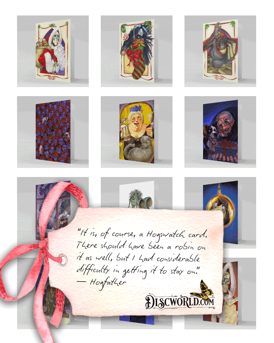 Discworld_com's tweet photo. Looking ahead to Hogswatch. 🧑‍🎄

The perfect accompaniment. Our fantastic collection of high quality Hogswatch Cards, featuring a selection of well-loved characters.

“It is, of course, a Hogswatch card.
There should have been a robin on it as well, but I had considerable difficulty in getting it to stay on.
It did not seem to get into the Hogswatch spirit at all.” — Hogfather

You can see more of our Hogswatch hoard in our latest email...
📰 https://t.co/E2BGzEr3M6

#discworld #discworldofficial #terrypratchett #sirterrypratchett #hogswatch #discworldgiftideas