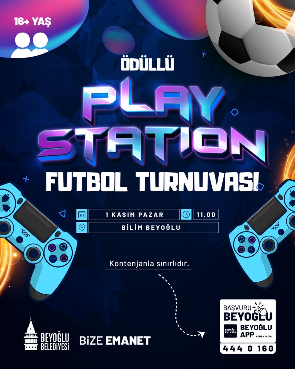 BeyogluBld's tweet photo. Beyoğlu’nda futbol heyecanı konsollara taşınıyor! 🎮⚽

Ödüllü PlayStation Futbol Turnuvası’nda yeteneğini göster, kupaya uzan!

16 yaş ve üzeri katılımcılar için başvurular, BeyoğluApp’in “Başvuru Beyoğlu” sekmesinde. Kontenjan sınırlıdır.

🗓️ 1 Kasım Pazar
🕚 11.00
📍 Bilim Beyoğlu