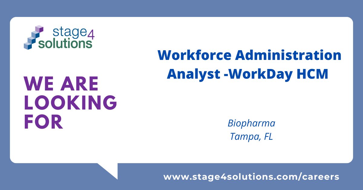 Stage4Solutions's tweet photo. Needed: Workforce Administration Analyst -WorkDay HCM – Pharma (Hybrid – Tampa, FL) 
To learn more and to apply, please go to: https://t.co/xLCRbTPlAG (Please apply to the Workforce Administration Analyst -WorkDay HCM – Pharma (Hybrid – Tampa, FL)) role
#careeropportunities https://t.co/FBTIZZDOeB