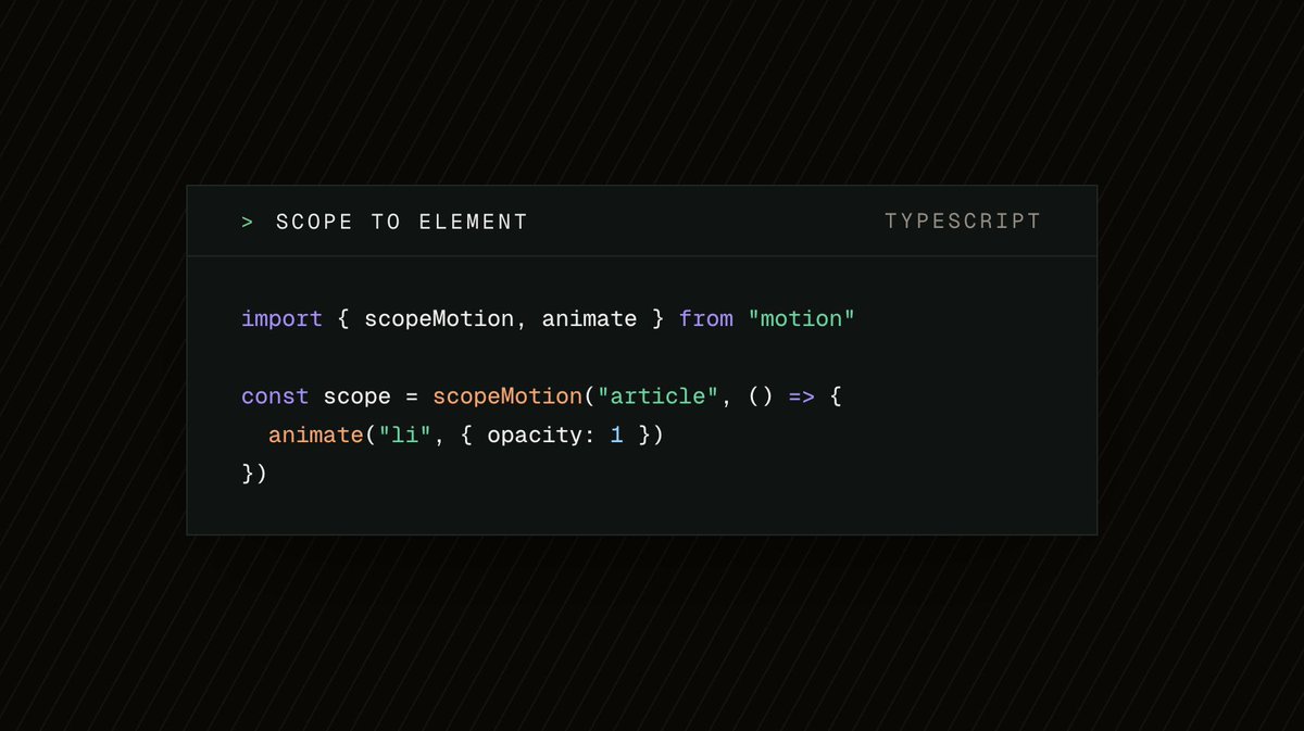 motiondotdev's tweet photo. Motion 14.5 introduces scopeMotion and useScopeMotion.

Scope Motion functions for easy cleanup, media query matching, setting default transitions and scoping to an element. Supports a simplified match media syntax. https://t.co/J1gWma7ELC