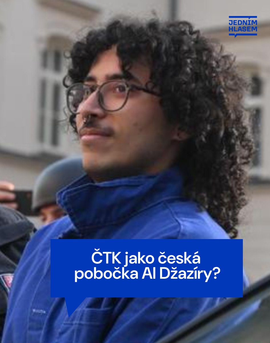 JednimHlasem's tweet photo. V Pardubicích někdo zapálil výrobní areál české zbrojovky. Škoda ve stovkách milionů korun. Jedenáct lidí obviněných v souvislosti s teroristickým útokem.

Katarská Al Jazeera teď případ doplnila o vlastní příběh, v němž vyšetřování útoku zasadila do rámce údajného potlačování propalestinského aktivismu. A ČTK převzala perspektivu Al Jazeery. 

Hlavní prostor dostali obviněný egyptský student, jeho advokát Pavel Čižinský a další lidé z aktivistického prostředí. Česká policie prý vede psychologickou válku, dopouští se rasismu a snaží se zadržené zlomit.

Zajímavá je i autorka. Isabella Fattore, absolventka Anglo-American University v Praze a nyní novinářka na volné noze, která už v roce 2024 natočila studentský film otevřeně podporující  tzv. propalestinské hnutí. V závěrečných titulcích je uvedena Al Jazeera.
Připomeňme, že se  ani zdaleka nejedná o neutrální zpravodajský zdroj. Al Jazeera je financována státem Katar - režimem, který dlouhodobě hostil politické vedení Hamásu a podporuje islamistické sítě v Evropě.  

@CTK_cz nemá být českým kanálem Kataru ani nekritickým prostředníkem narativů tzv. propalestinského hnutí. 

Foto: V pardubické kauze obviněný Youssef Moursi, Vostárek Josef, ČTK  
Zpráva ČTK 👉 https://t.co/0NMfq7ssR6 

#jednímhlasem #proizrael #faktabezfiltru #mediálnípitva